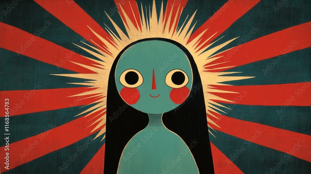 Naklejka premium Abstract illustration of a girl with bright colors and a sunburst design background