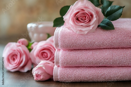 Soft pink towels and fresh roses create a serene spa-like atmosphere for rela...