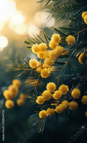 Blossoming yellow flowers in sunlight with a blurred background of nature dur...