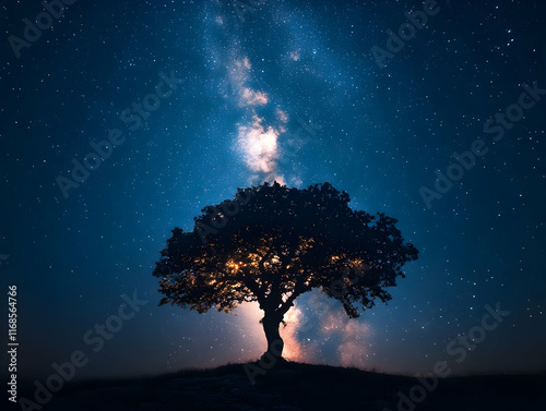 Majestic lone tree silhouetted against a vibrant Milky Way galaxy at night. photo