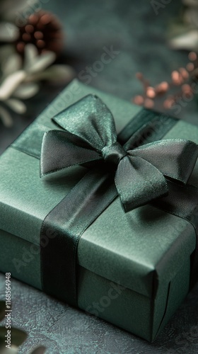 Gift box wrapped in teal paper with a satin bow on a solid background