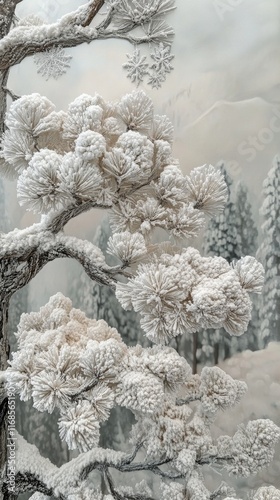 Frost-covered pine branches glisten in winter light near a serene forest