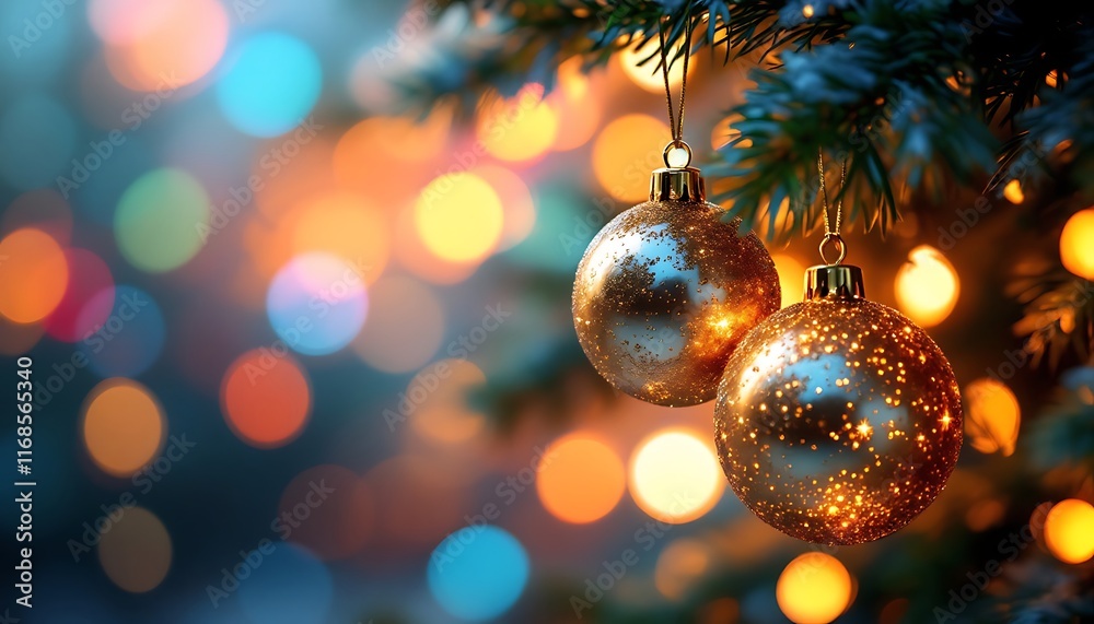 Golden Christmas Ornaments Sparkling On Tree Branch Festive Lights Background Golden Christmas Ornaments Sparkling On Tree Branch Festive Lights Background
