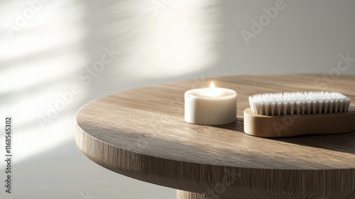 Soft candlelight and natural decor on a wooden table create a serene atmosphere