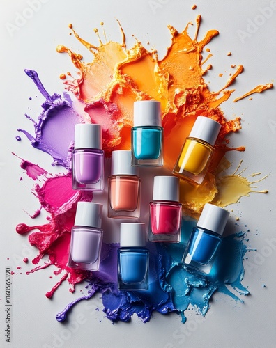 Colorful paint splashes complement pastel bottles arranged in a pattern on a ...