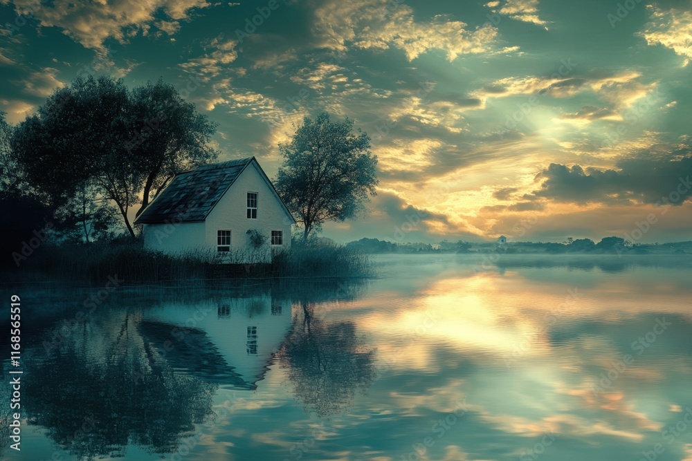 Fototapeta premium Serene lakeside house under a dramatic sunset with colorful clouds
