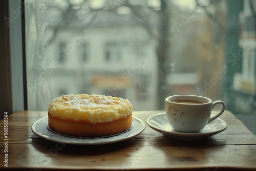 Delicious freshly baked chocolate cake and coffee on a rustic wooden table