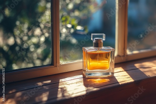 Elegant glass perfume bottle placed on windowsill with natural light illumina...