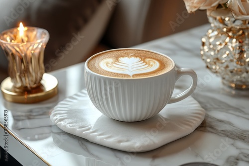 Coffee cup with latte art on a marble table in a cozy cafe setting
