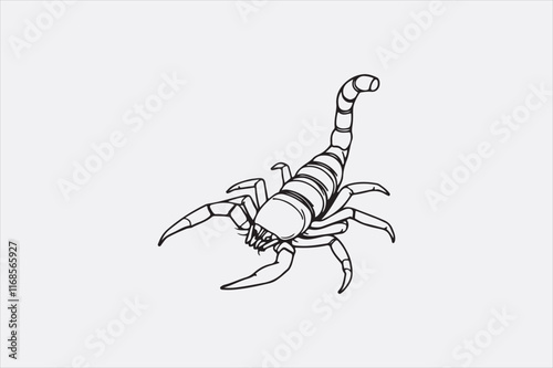 A black and white line drawing of a scorpion with a detailed depiction.