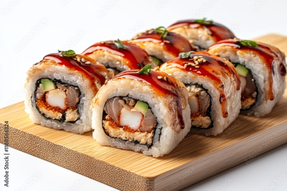 Eight pieces of delicious unagi sushi rolls on a wooden board. Eight pieces of delicious unagi sushi rolls on a wooden board.