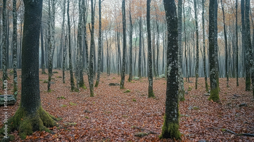 Fototapeta premium A serene autumn forest in Peneda National Park, Portugal, featuring moss-covered trees and fallen leaves blanketing the ground