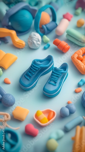 Goal of life, purpose and health concept: Circular flow of fitness gear, diet tools, and relaxation icons.