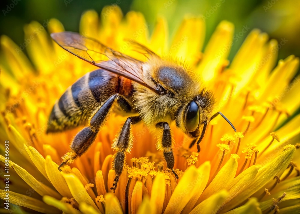 Drone Close-Up: Wild Bee Pollinating Yellow Dandelion Drone Close-Up: Wild Bee Pollinating Yellow Dandelion