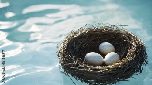 Nest with speckled eggs resting in soft straw near tranquil blue water under ...