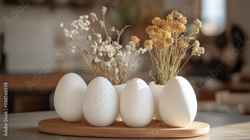 Decorative arrangement of dried flowers in white vases on a wooden tray
