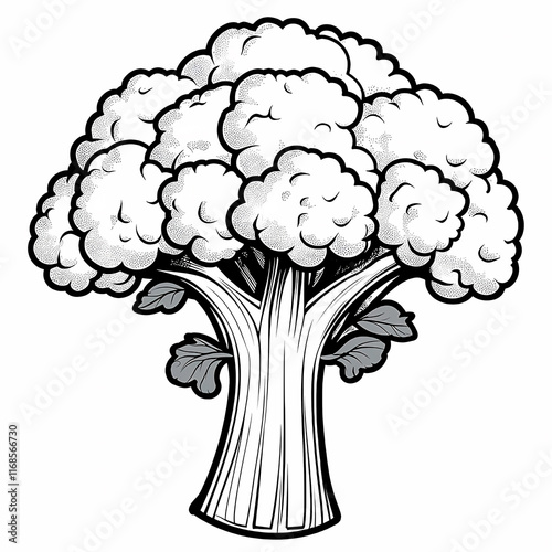 Illustration of a broccoli in engraving style on white background