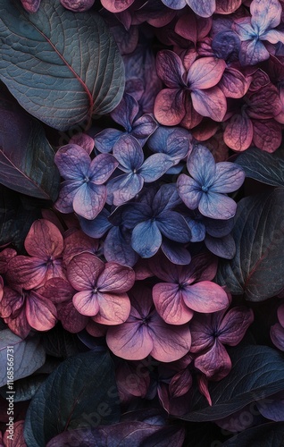 Vibrant lilac flowers surrounded by deep green leaves in a dark setting
