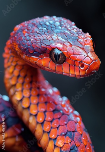 Colorful snake showcased with intricate scales and bright hues in a close-up ...