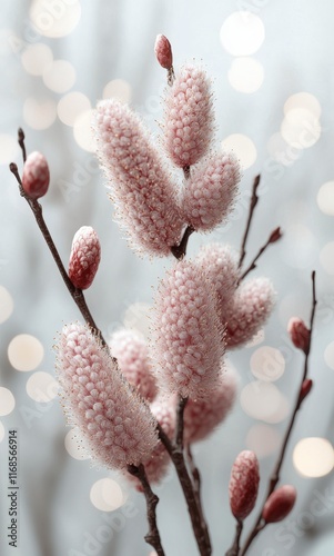 Delicate pink floral branches create a serene atmosphere in soft light