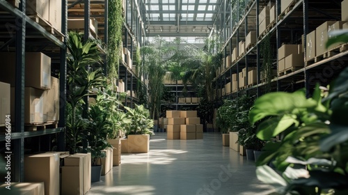 Green warehouse with plants and boxes.