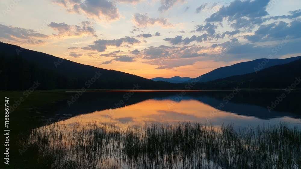 Fototapeta premium A serene sunset over Miedziane and Szpiglasowa Przelecz, with the mountain silhouettes reflecting on a nearby alpine lake