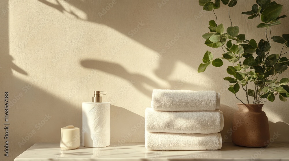 Spa-like bathroom setting with towels, soap dispenser, and plant. Spa-like bathroom setting with towels, soap dispenser, and plant.