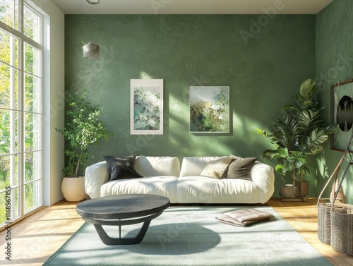 Serene Green Living Room With Modern Sofa And Plants