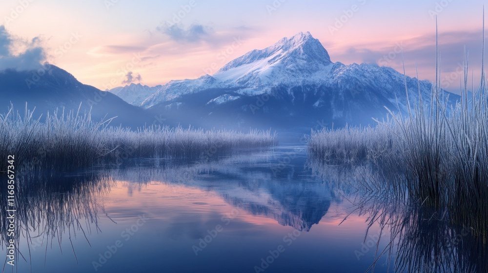 Fototapeta premium A serene view of Mount Legnone snowy summit mirrored in the floodwaters of Pian di Spagna, surrounded by frosty reeds at sunrise.