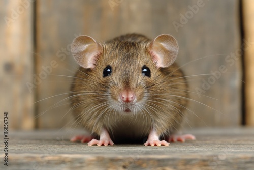 Cute brown mouse with big ears and bright eyes poses on wooden background
