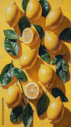 Fresh lemons arranged on a bright yellow surface with green leaves and a slic...