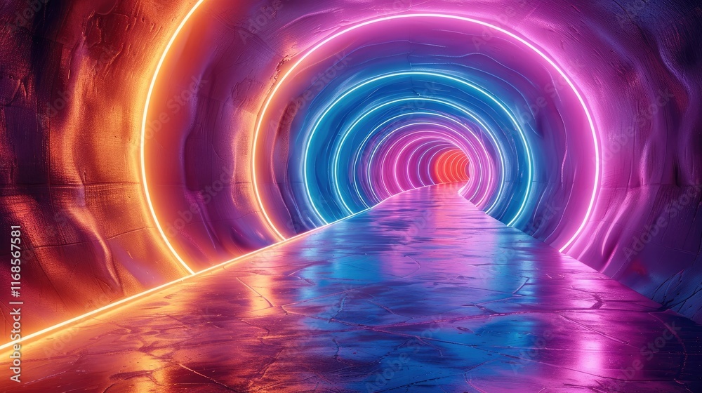 3d render abstract neon background with colorful glowing round lines tunnel effect. 3d render abstract neon background with colorful glowing round lines tunnel effect.