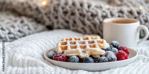 A cozy setting features a powdered sugar-topped waffle surrounded by berries, paired with a warm coffee cup.