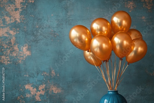 Golden balloons arranged in a decorative vase for a festive occasion in a mod...