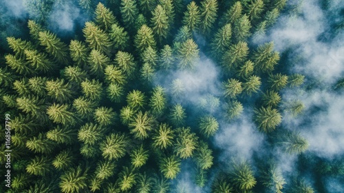 Misty forest landscape showcasing lush green trees and a serene atmosphere at...