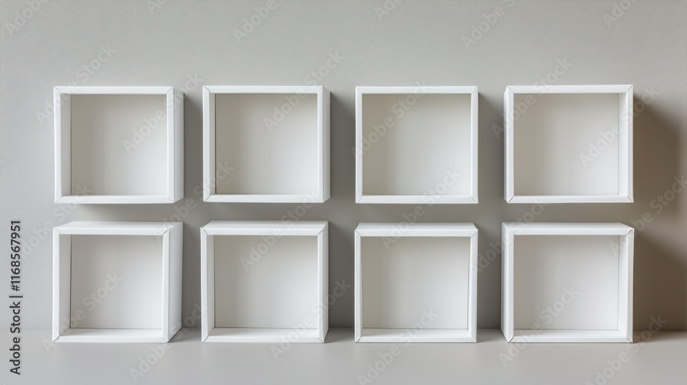 A set of white boxes displayed symmetrically, alternating between closed and open, photographed in a high-definition studio setting A set of white boxes displayed symmetrically, alternating between closed and open, photographed in a high-definition studio setting