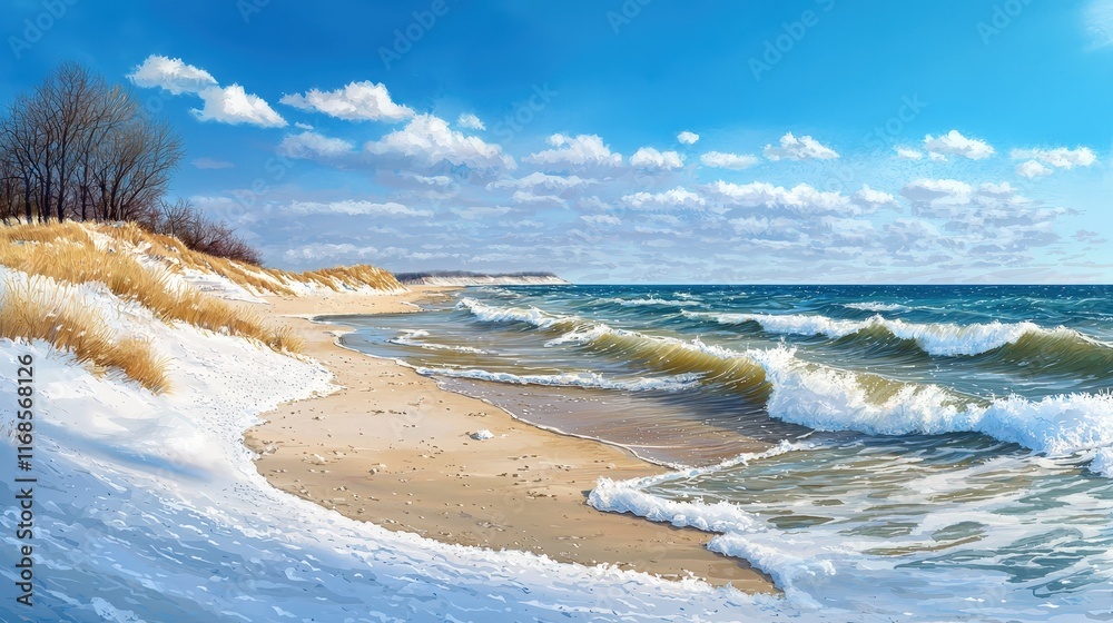 Obraz premium A snowy beach with icy waves lapping against the shoreline.