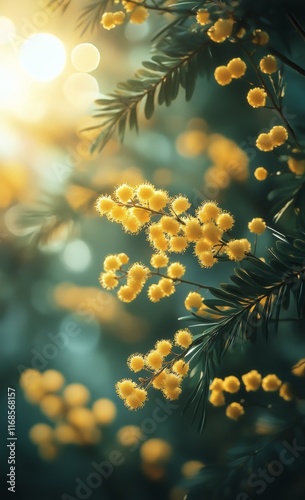 Blossoming yellow flowers in sunlight with a blurred background of nature dur...
