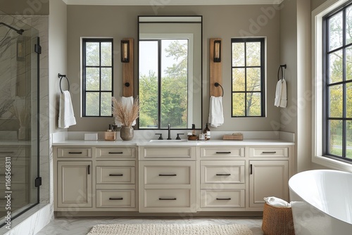 Beautifully arranged vanity space with turquoise accents and cosmetics