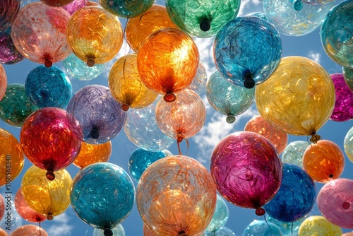 Colorful balloons floating against a bright sky during a festive event celebr...