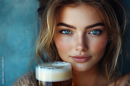 Young woman enjoying beer in a lively bar setting during evening hours