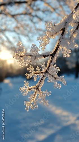 Frost-covered pine branches glisten in winter light near a serene forest