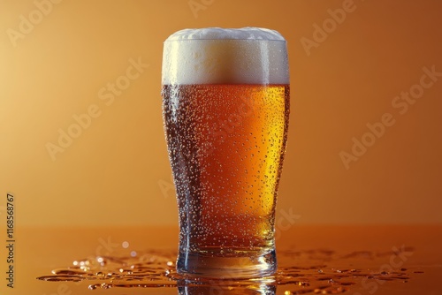 Chilled amber beer in a glass with bubbles against a warm orange background