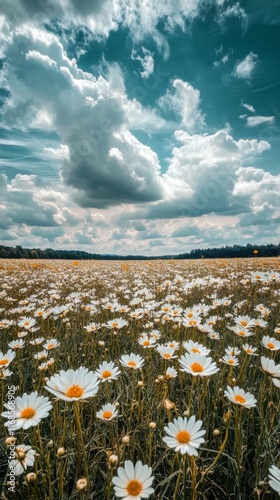 Beautiful field of white flowers under a blue sky with clouds at golden hour