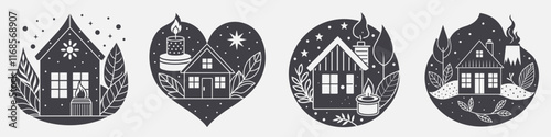 set hygge danish coziness template, design silhouette stars leaves