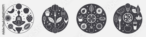 intuitive eating template design set four circle infographic designs healthy lifestyle, balance nourishment well-being harmony