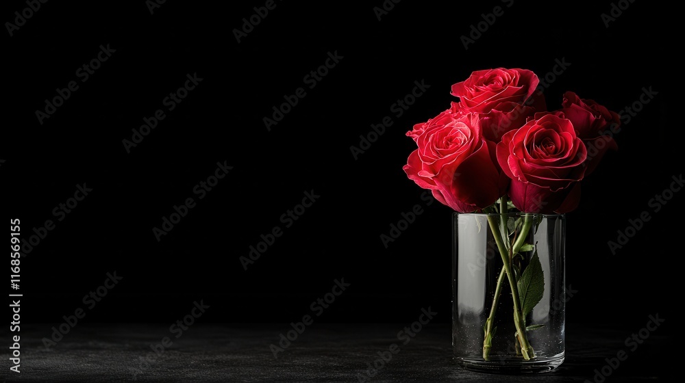 Vibrant Red Roses in Glass Vase on Black Background for Elegant Home Decor and Romantic Occasions Vibrant Red Roses in Glass Vase on Black Background for Elegant Home Decor and Romantic Occasions