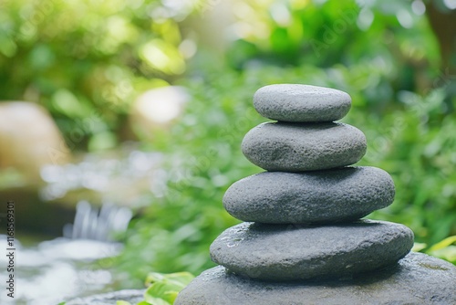 Tranquil Stacked Stones in a Lush Green Outdoor Environment for Relaxation photo