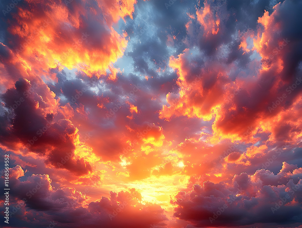 Fototapeta premium Fiery sunset sky with dramatic clouds.