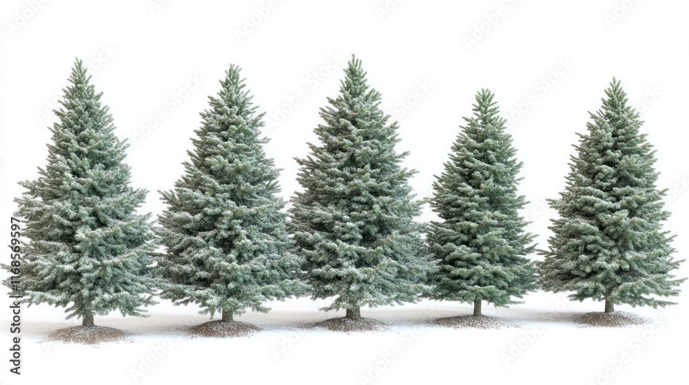Fototapeta premium Five frosted fir trees isolated on white.